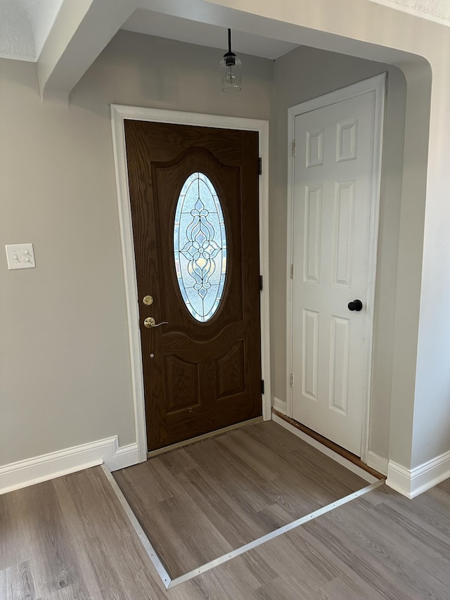 foyer entrance with baseboards and wood finished floors