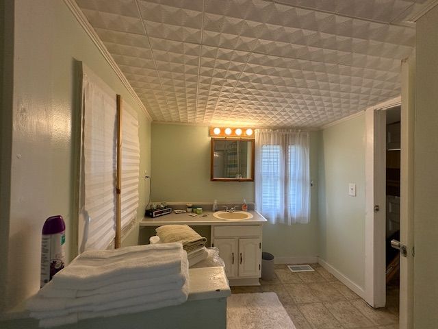 19916 Salem St, Detroit, MI 48219 - bathroom featuring crown molding, visible vents, baseboards, and vanity