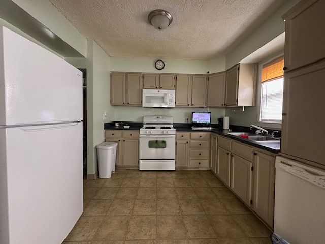19916 Salem St, Detroit, MI 48219 - kitchen with a textured ceiling, white appliances, dark countertops, and a sink