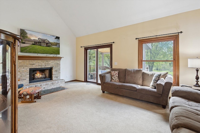 11104 Southbrook Dr, Ceresco, MI 49033 - carpeted living area with high vaulted ceiling and a fireplace
