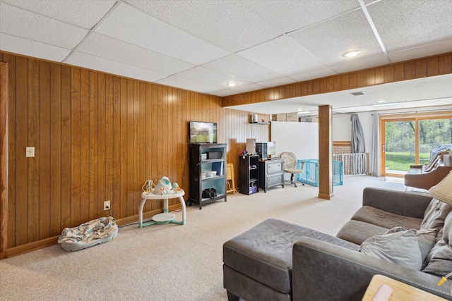 11104 Southbrook Dr, Ceresco, MI 49033 - living area featuring carpet floors, a paneled ceiling, and wood walls