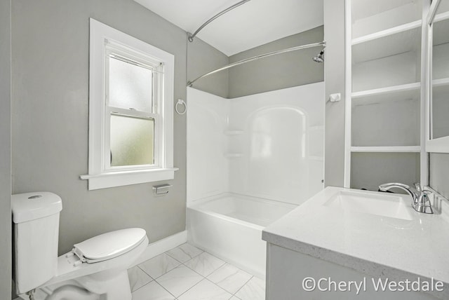 bathroom with toilet, shower / washtub combination, marble finish floor, vanity, and baseboards