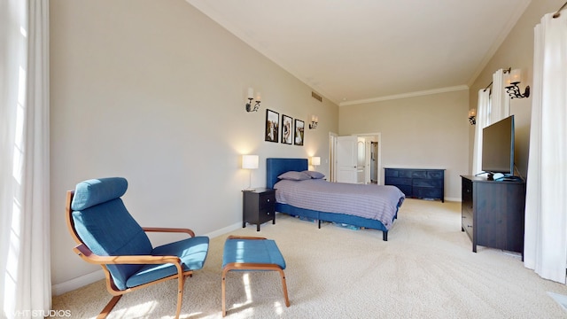 7272 Holden Rd, Stevensville, MI 49127 - bedroom with light colored carpet, ornamental molding, baseboards, and visible vents