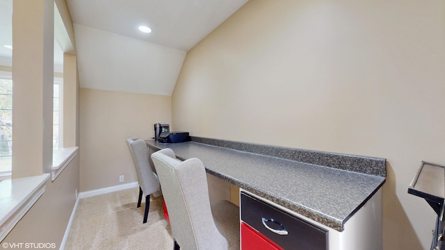 7272 Holden Rd, Stevensville, MI 49127 - office area with light carpet, baseboards, lofted ceiling, and recessed lighting