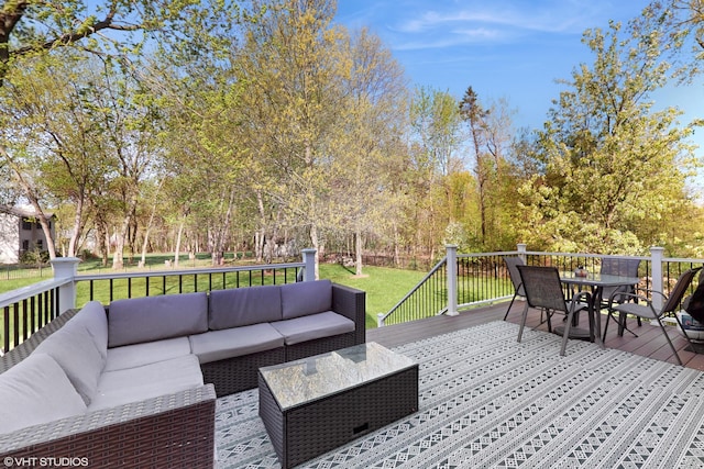 7272 Holden Rd, Stevensville, MI 49127 - deck featuring an outdoor living space, outdoor dining space, and a lawn