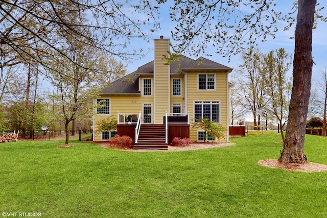 7272 Holden Rd, Stevensville, MI 49127 - rear view of property with fence, a yard, stairway, a wooden deck, and a chimney