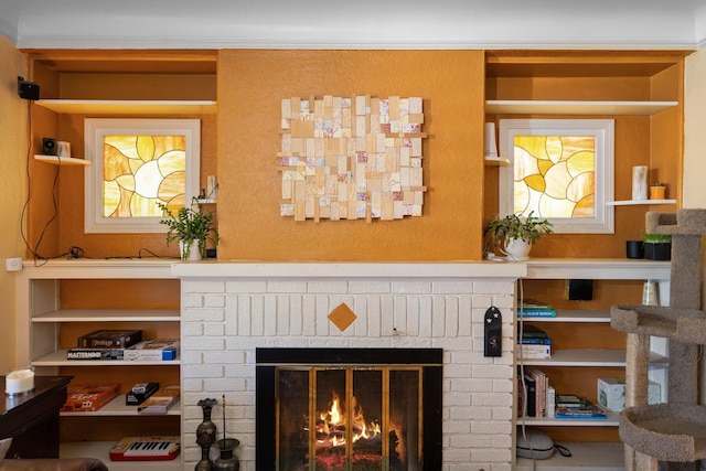 details featuring a brick fireplace