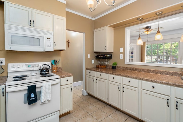 kitchen featuring white appliances, ornamental molding, light tile patterned flooring, white cabinets, and hanging light fixtures