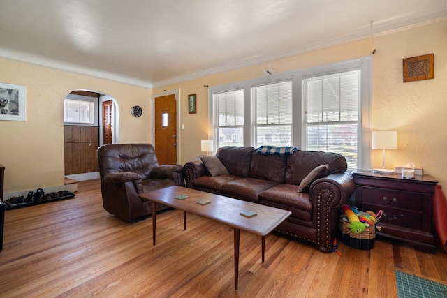 living area featuring light wood finished floors, crown molding, and arched walkways