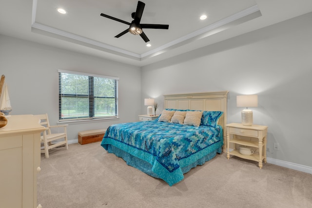 3166 Roma, Wixom, MI 48393 - bedroom with a tray ceiling, crown molding, light colored carpet, recessed lighting, and baseboards