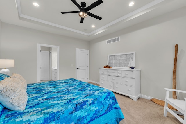 3166 Roma, Wixom, MI 48393 - bedroom with a tray ceiling, crown molding, light colored carpet, recessed lighting, and baseboards