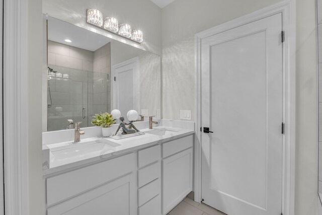 3166 Roma, Wixom, MI 48393 - bathroom with a shower stall, double vanity, and tile patterned floors