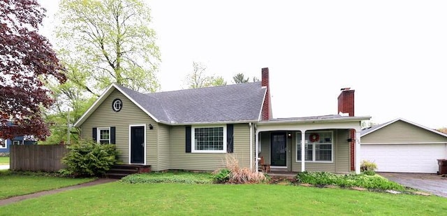 ranch-style home featuring a front lawn, a chimney, and a detached garage