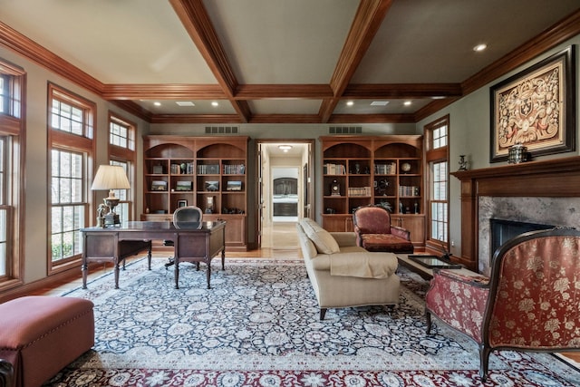 230 Corrie Rd, Ann Arbor, MI 48105 - home office featuring a high end fireplace, ornamental molding, beam ceiling, and coffered ceiling