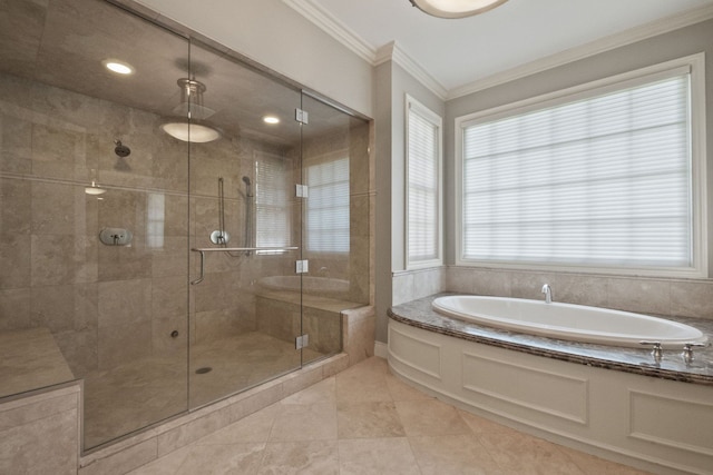 230 Corrie Rd, Ann Arbor, MI 48105 - bathroom featuring ornamental molding, a garden tub, a stall shower, and tile patterned flooring