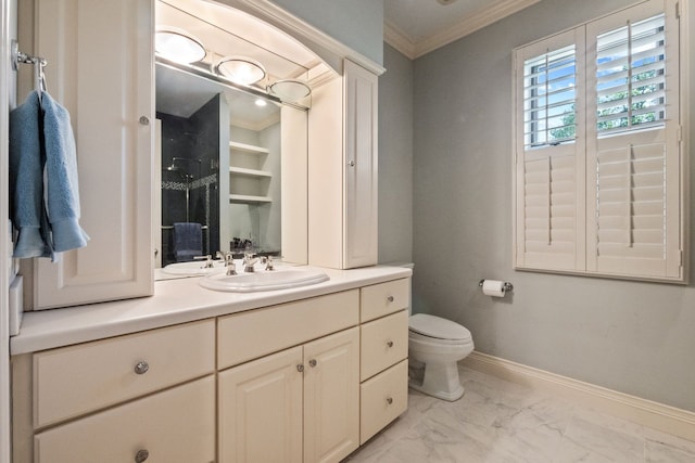 230 Corrie Rd, Ann Arbor, MI 48105 - bathroom featuring ornamental molding, marble look tiles, baseboards, vanity, and toilet