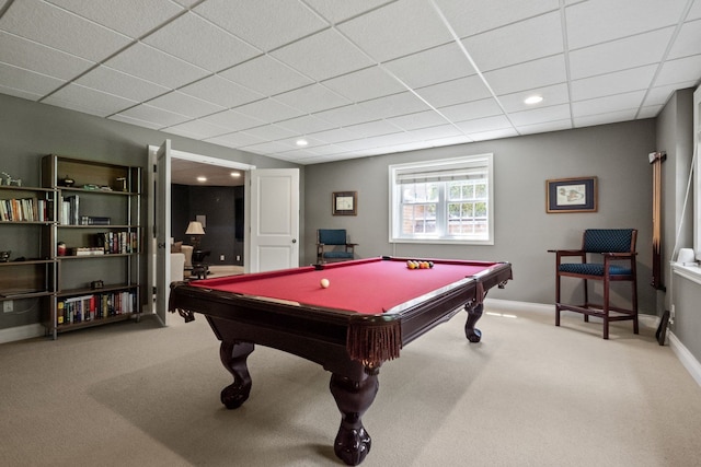 230 Corrie Rd, Ann Arbor, MI 48105 - playroom with billiards, carpet floors, a paneled ceiling, baseboards, and recessed lighting