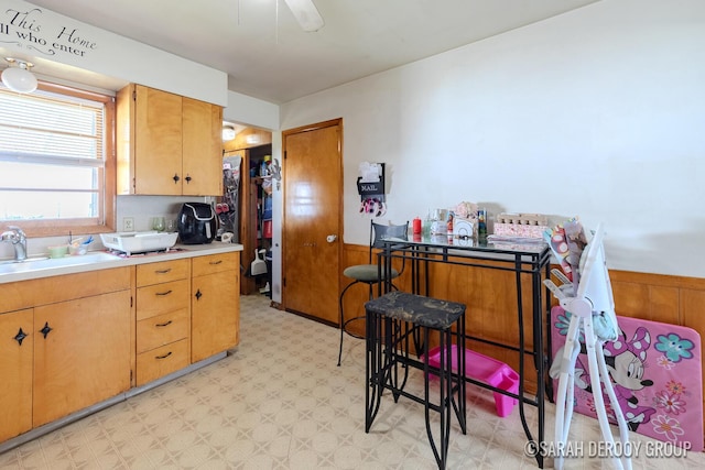 2324-2326 38th St SW, Wyoming, MI 49519 - kitchen with a sink, light floors, a wainscoted wall, light countertops, and a ceiling fan