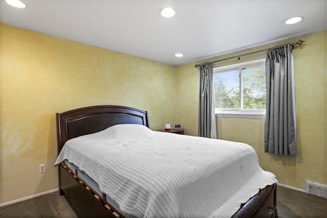 bedroom with carpet floors, recessed lighting, and baseboards