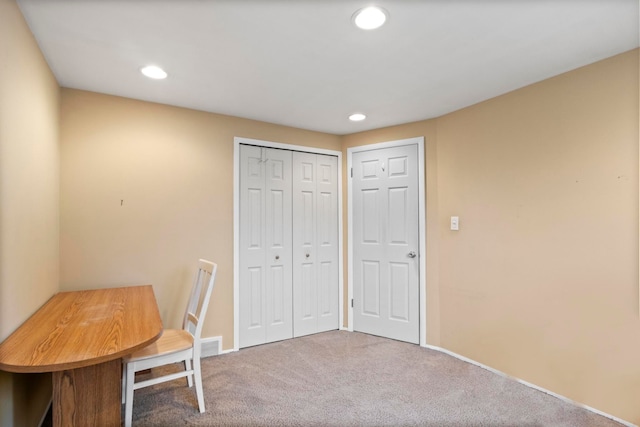 home office with carpet floors, recessed lighting, and baseboards