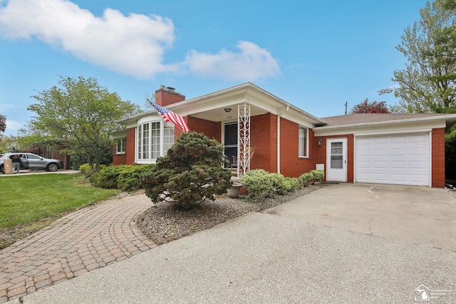 2330 Ashby St, Trenton, MI 48183 - ranch-style house featuring driveway, brick siding, a chimney, a garage, and a front yard