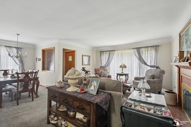 2330 Ashby St, Trenton, MI 48183 - carpeted living room with a chandelier, a glass covered fireplace, and baseboards