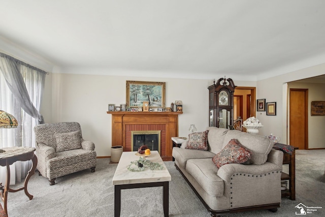 2330 Ashby St, Trenton, MI 48183 - living room featuring light carpet and a fireplace