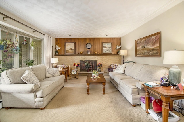 living area featuring light colored carpet, ornamental molding, and wooden walls