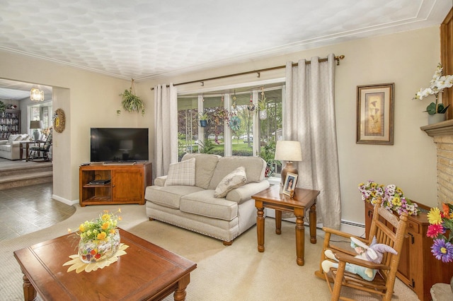 living room featuring light colored carpet