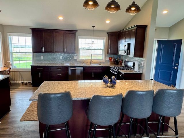 2660 Bay Pt, Imlay City, MI 48444 - kitchen with appliances with stainless steel finishes, a sink, plenty of natural light, decorative backsplash, and lofted ceiling