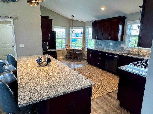 2660 Bay Pt, Imlay City, MI 48444 - kitchen with black dishwasher, a sink, wood finished floors, vaulted ceiling, and light stone countertops
