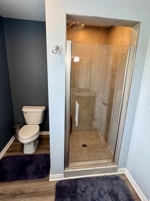 2660 Bay Pt, Imlay City, MI 48444 - bathroom with a shower stall, wood finished floors, toilet, and baseboards