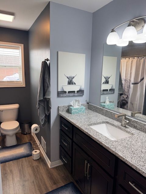 2660 Bay Pt, Imlay City, MI 48444 - full bathroom featuring wood finished floors, toilet, vanity, and baseboards