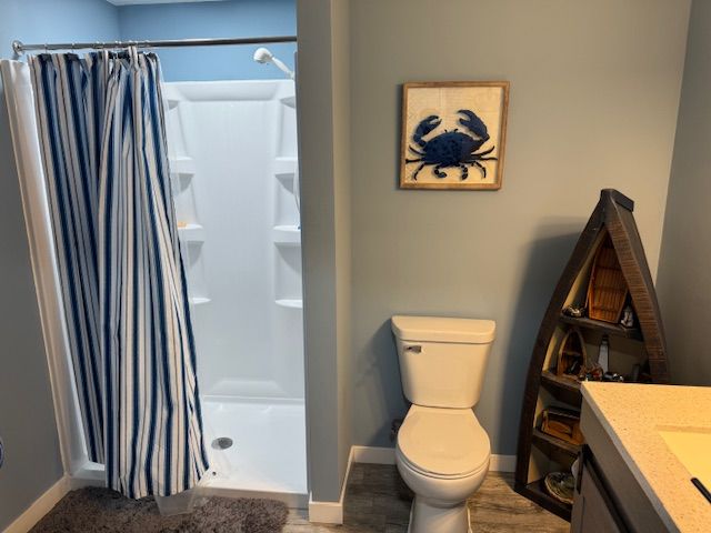 2660 Bay Pt, Imlay City, MI 48444 - bathroom featuring a stall shower, toilet, baseboards, and vanity
