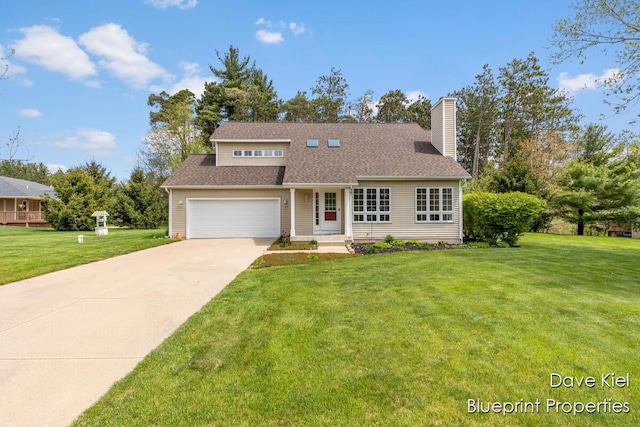 1854 Pinehill Dr, Hastings, MI 49058 - traditional-style home with a chimney, a front yard, concrete driveway, an attached garage, and a shingled roof