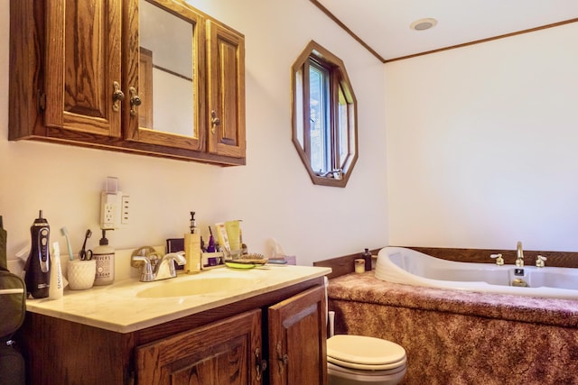 1273 Little John Lake Rd, Allegan, MI 49010 - bathroom with toilet, a garden tub, vanity, and crown molding