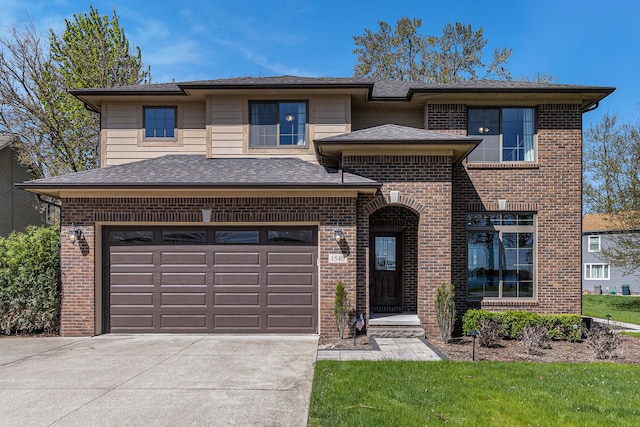 view of front of house featuring driveway, brick siding, roof with shingles, and an attached garage