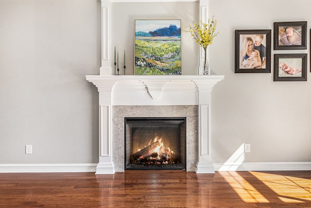 detailed view of wood finished floors, a lit fireplace, and baseboards