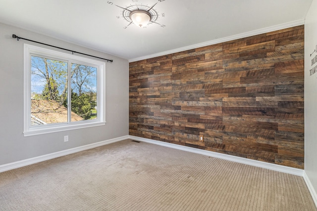 spare room with wood walls, carpet floors, and baseboards