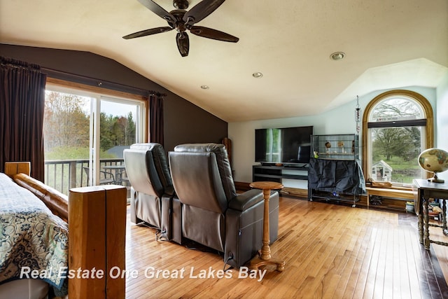 cinema with vaulted ceiling, plenty of natural light, ceiling fan, and hardwood / wood-style flooring