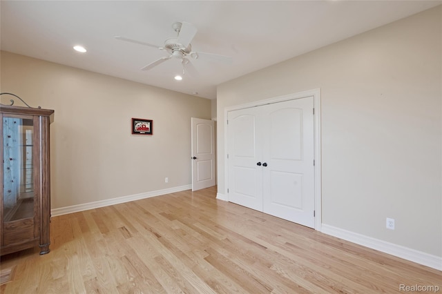 6100 30 Mile Rd, Washington, MI 48095 - unfurnished bedroom with light wood-style floors, baseboards, recessed lighting, a closet, and ceiling fan