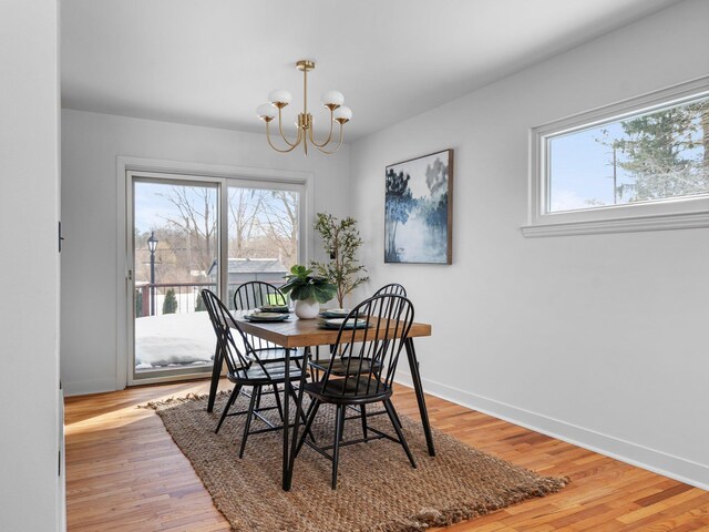 1330 N Orchard Dr, Traverse City, MI 49686 - dining room featuring a chandelier, light wood-style floors, and baseboards