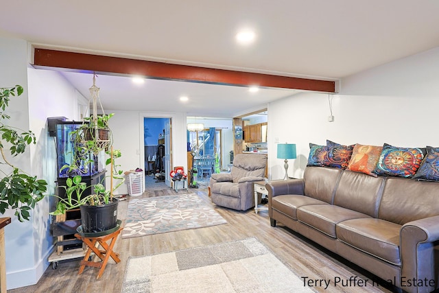 living room with wood finished floors and recessed lighting