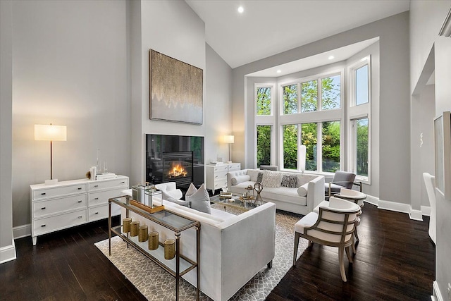 31080 Lucerne Dr, Franklin, MI 48025 - living area featuring high vaulted ceiling, a glass covered fireplace, baseboards, dark wood finished floors, and recessed lighting