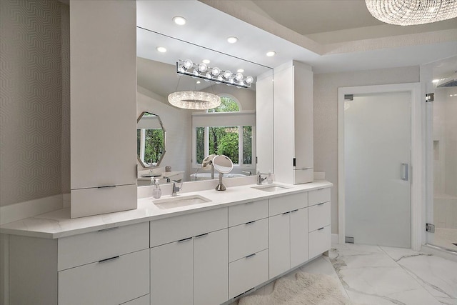 31080 Lucerne Dr, Franklin, MI 48025 - bathroom with recessed lighting, a chandelier, a stall shower, double vanity, and marble finish floors
