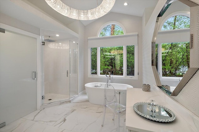 31080 Lucerne Dr, Franklin, MI 48025 - bathroom with a shower stall, a freestanding bath, a sink, recessed lighting, and high vaulted ceiling