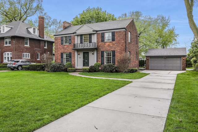 1133 Balfour St, Grosse Pointe Park, MI 48230 - view of front of property featuring a balcony, brick siding, an outdoor structure, and a front lawn