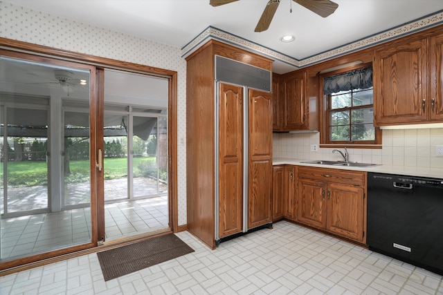 1133 Balfour St, Grosse Pointe Park, MI 48230 - kitchen featuring black dishwasher, a ceiling fan, a sink, wallpapered walls, and paneled built in refrigerator
