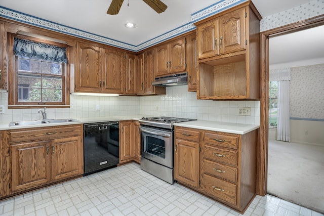 1133 Balfour St, Grosse Pointe Park, MI 48230 - kitchen featuring stainless steel gas range, dishwasher, a sink, under cabinet range hood, and wallpapered walls
