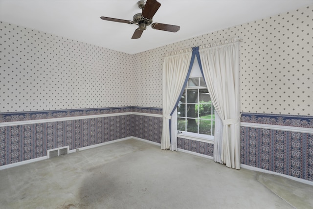 1133 Balfour St, Grosse Pointe Park, MI 48230 - spare room with wallpapered walls, carpet floors, ceiling fan, baseboards, and a wainscoted wall